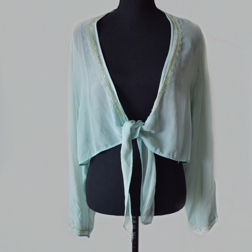 Cropped tie front blue coverup with sequin details